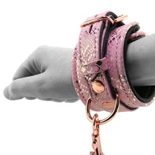 Load image into Gallery viewer, Locking Leather Wrist Restraint Cuffs in Pink Snake Print
